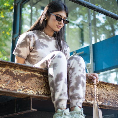 Beige And Brown Tie Dye Crop Tee + Lower