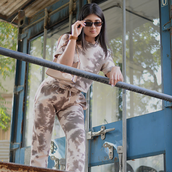 Beige And Brown Tie Dye Crop Tee + Lower