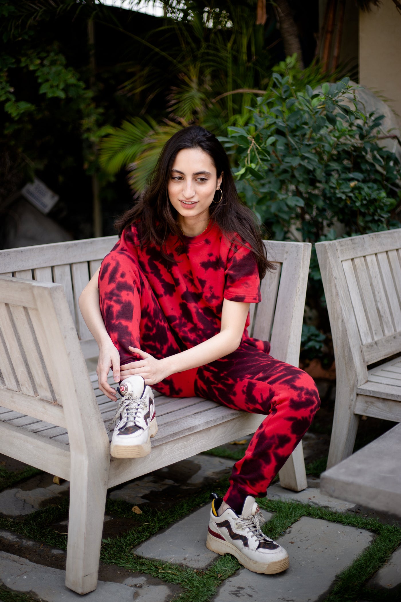 Red and Black Tie dye Crop Tee +Lowers