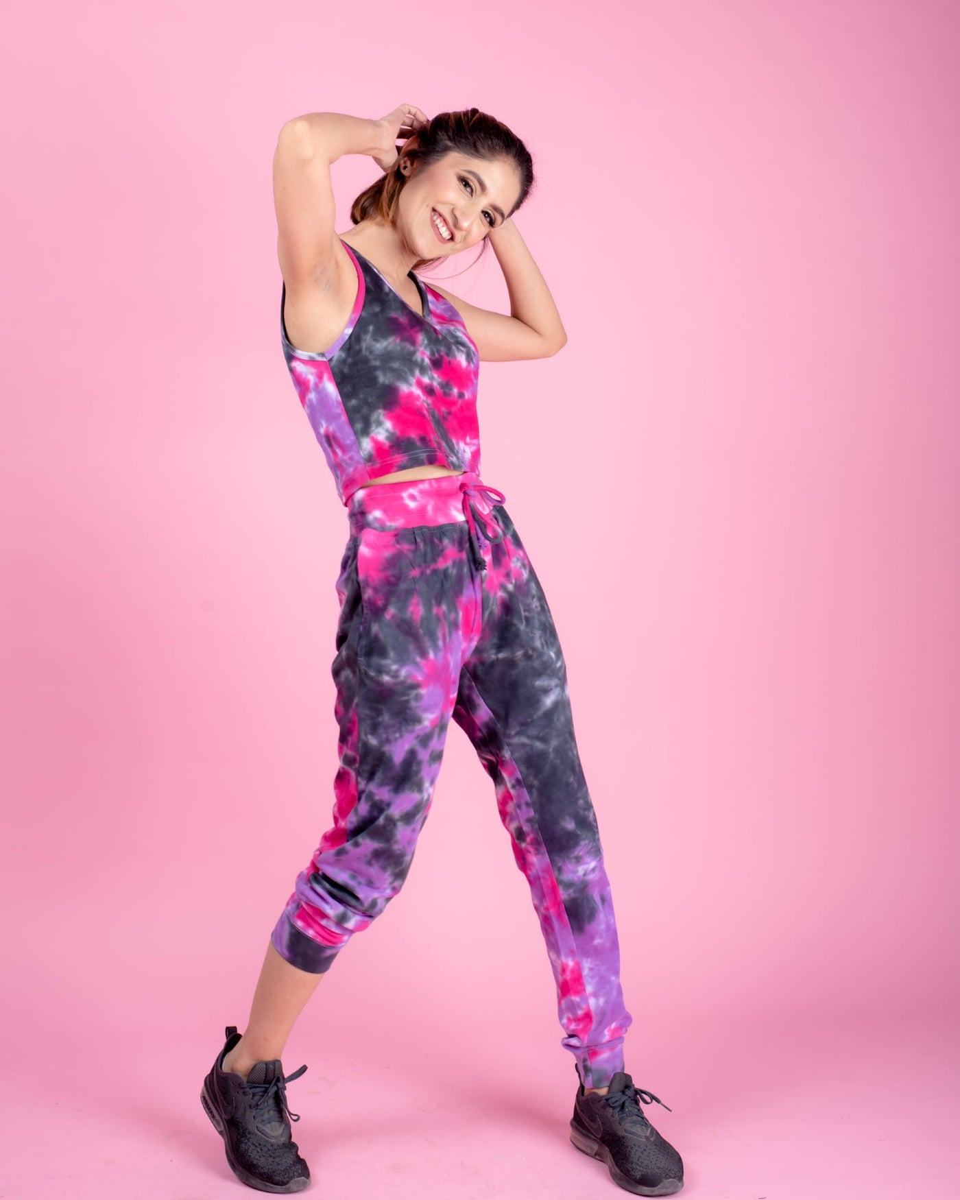 Pink & Black Tie Dye (Sleeve Less Crop tee + Lowers)