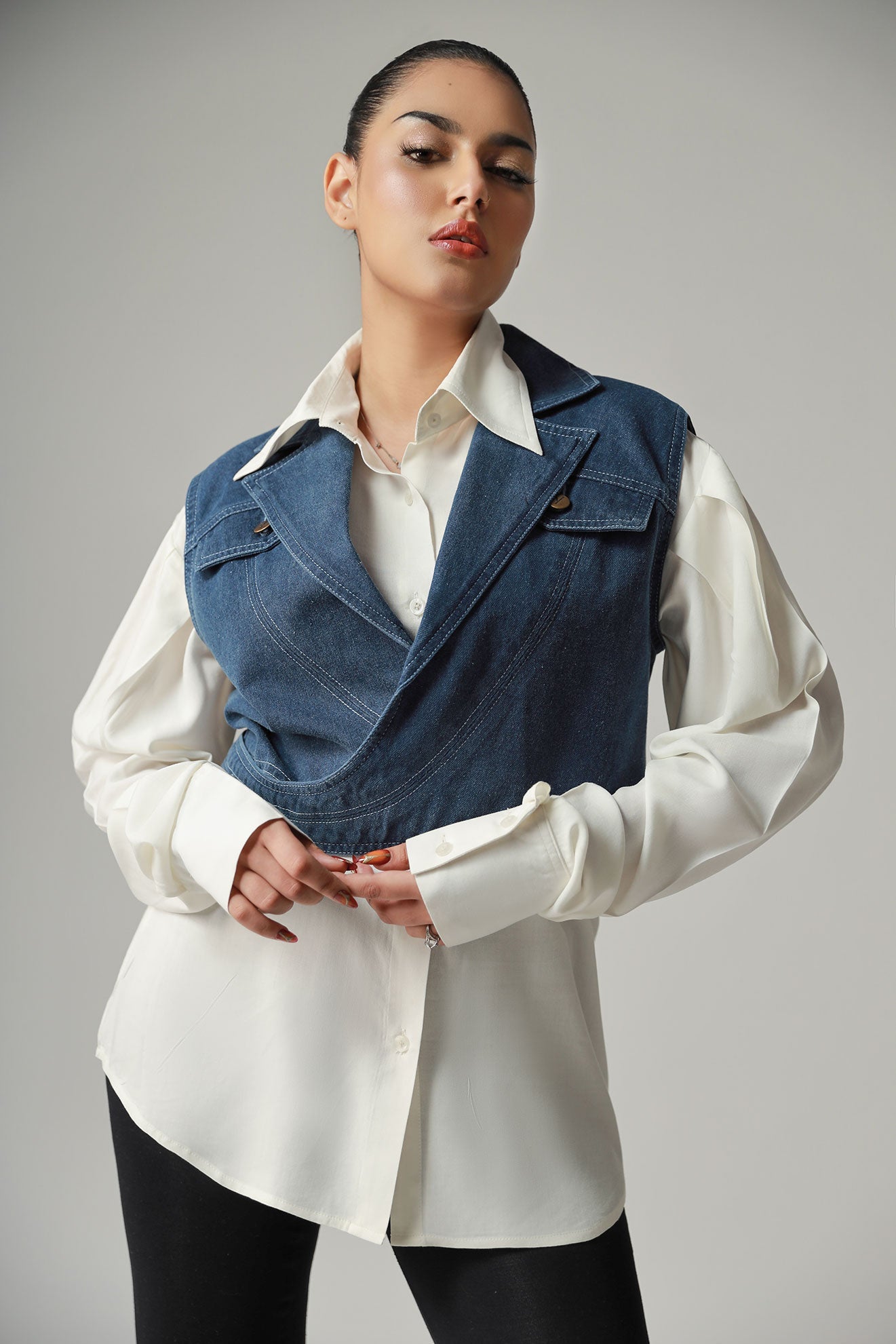 White Shirt with Denim Vest